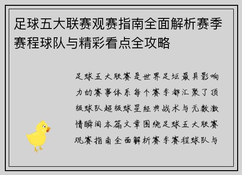 足球五大联赛观赛指南全面解析赛季赛程球队与精彩看点全攻略